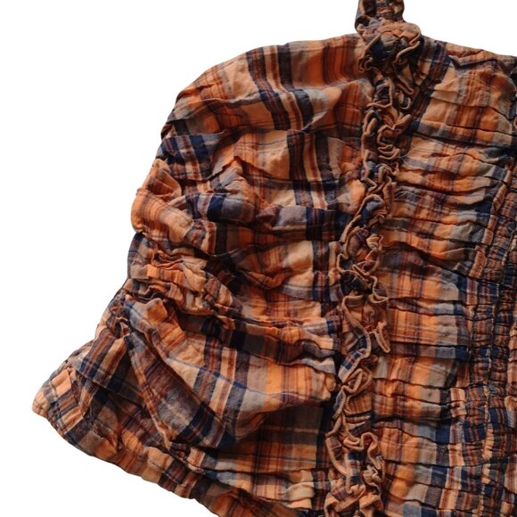 Anthropologie Verb Ruffled Plaid Top 2X Orange Navy Smocked Cotton Blouse - Picture 8 of 12
